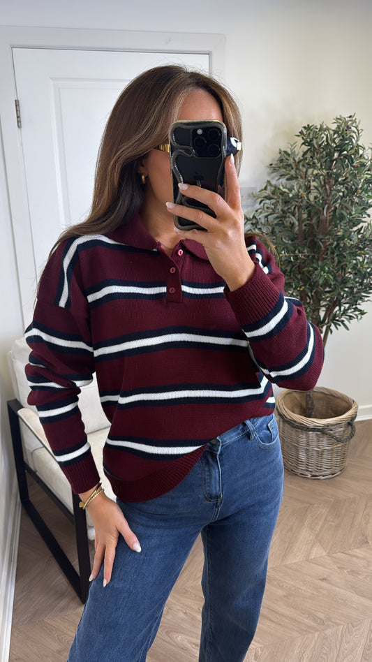 LOUISE burgundy stripe knitted rugby jumper