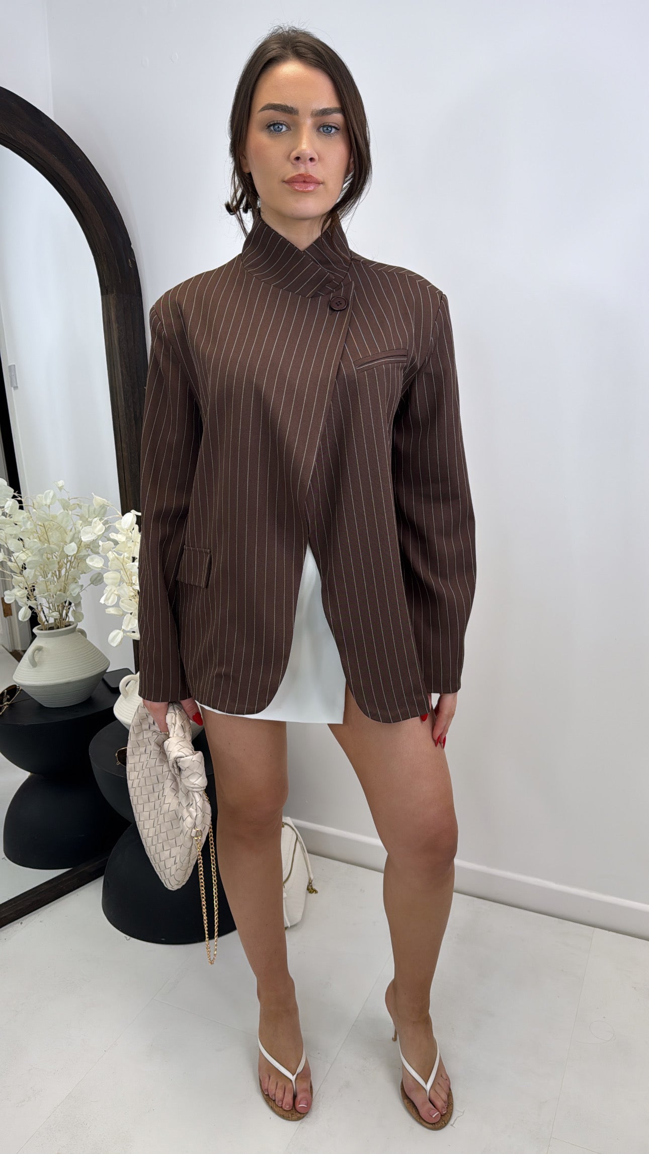ALLY brown pinstripe high neck blazer