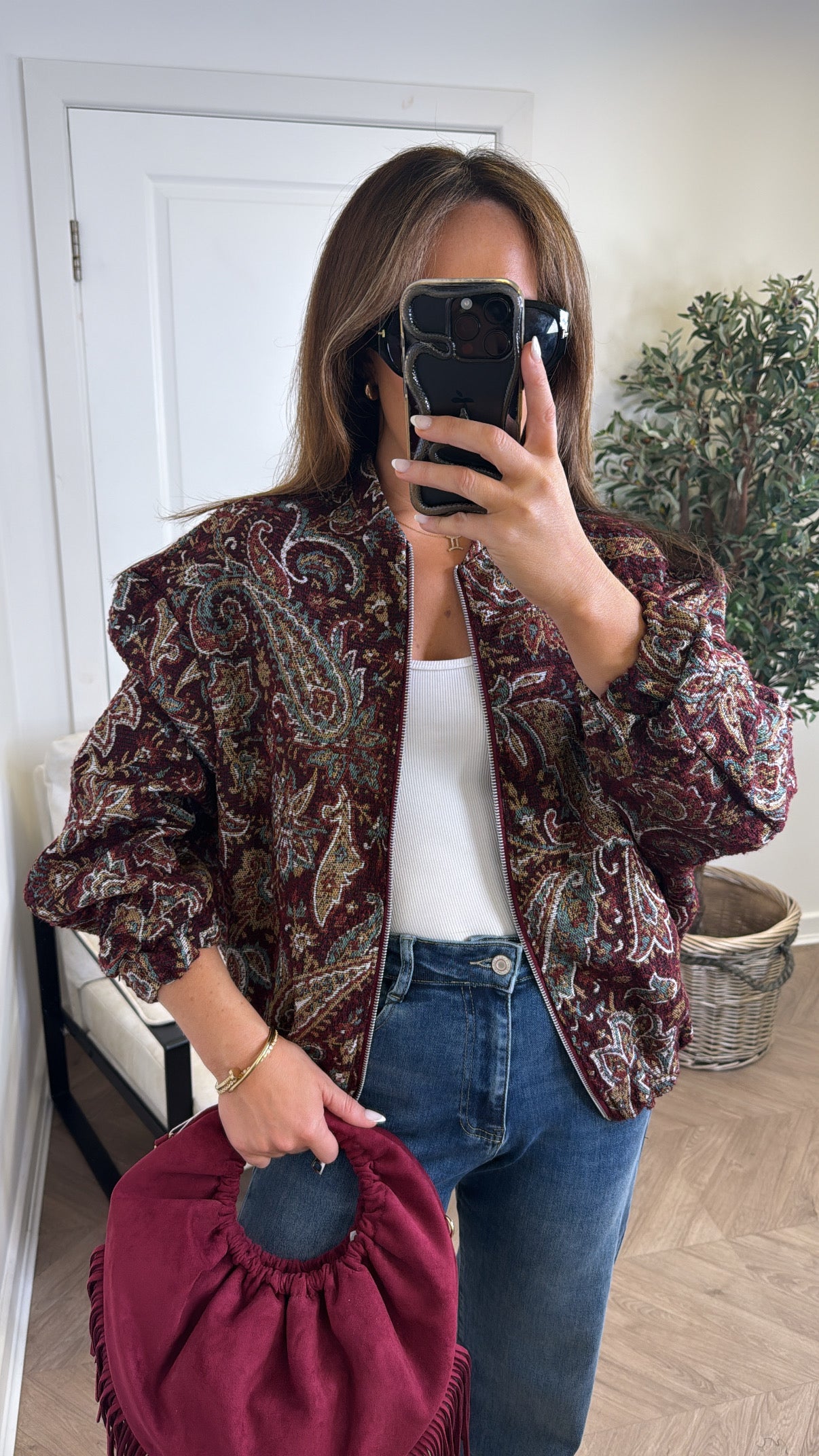 AUTUMN burgundy paisley embroidered bomber jacket