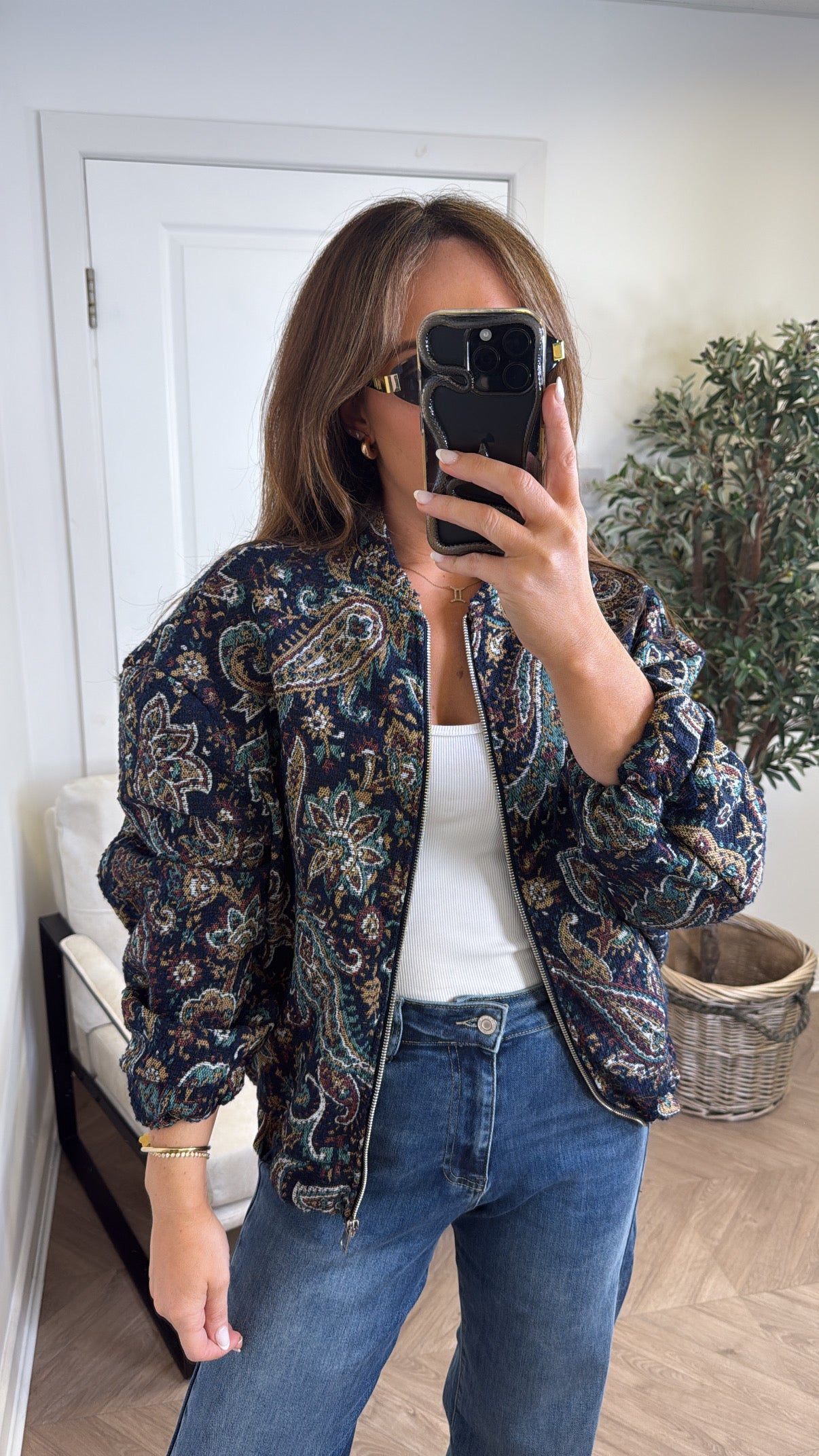 AUTUMN navy paisley embroidered bomber jacket