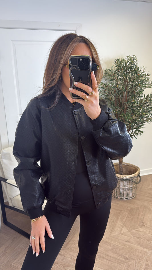 REBECCA black woven bomber jacket