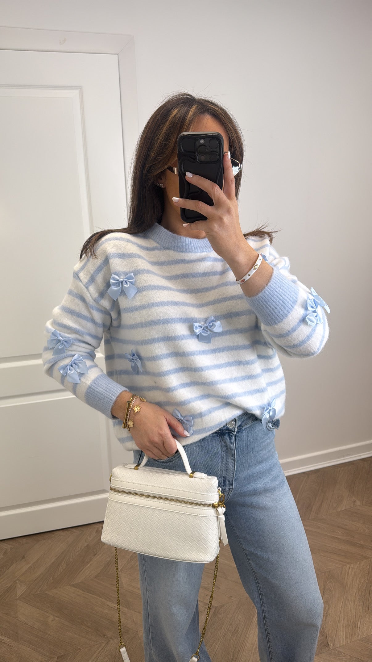 DEMI blue and white soft knit jumper with bows