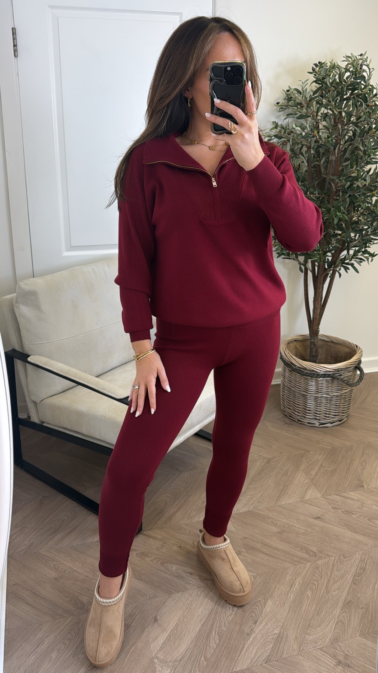 MINA burgundy knitted leggings and sweater lounge set