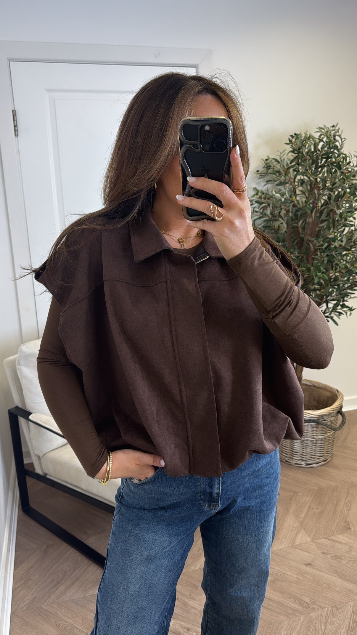CASSIE chocolate faux suede sleeveless jacket