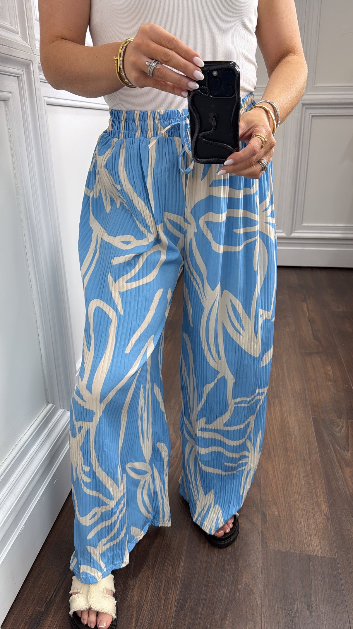 AVA blue and cream abstract print plisse wide leg trousers