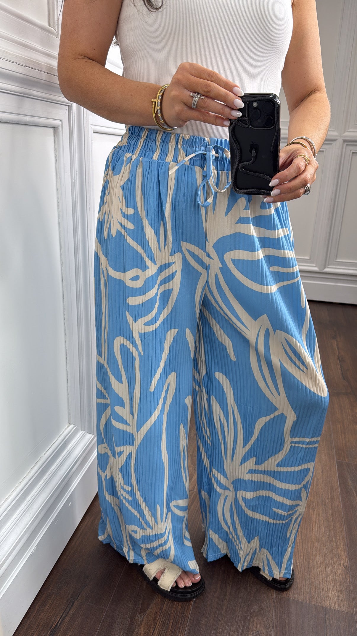 AVA blue and cream abstract print plisse wide leg trousers