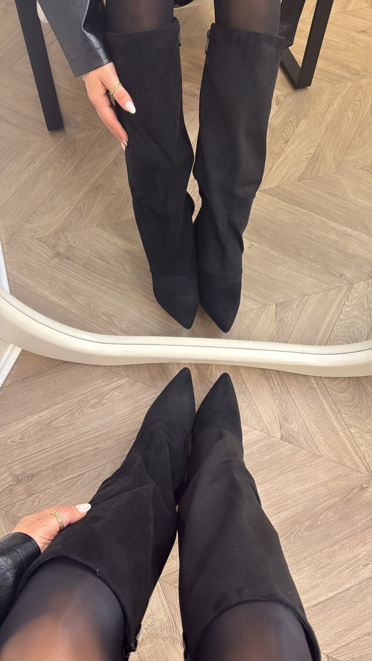 ISABELLA black faux suede fold over heel boots