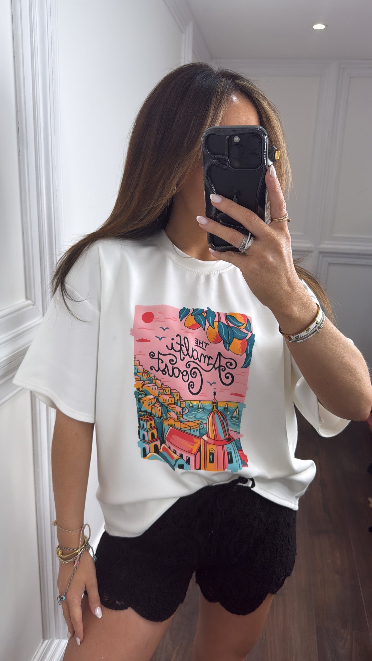 THE AMALFI COAST white super soft pink logo t-shirt