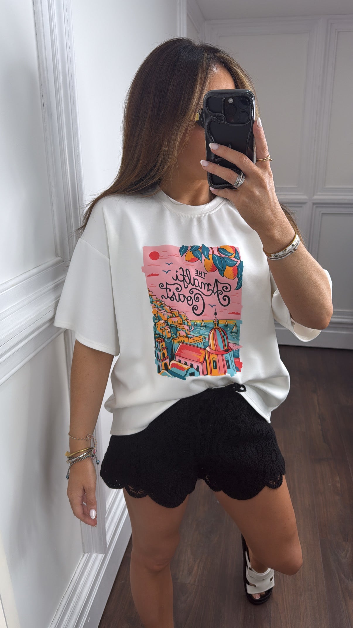 THE AMALFI COAST white super soft pink logo t-shirt