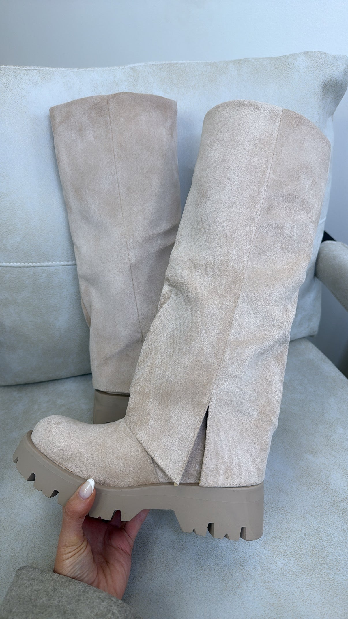ALBA light beige faux suede fold down boots