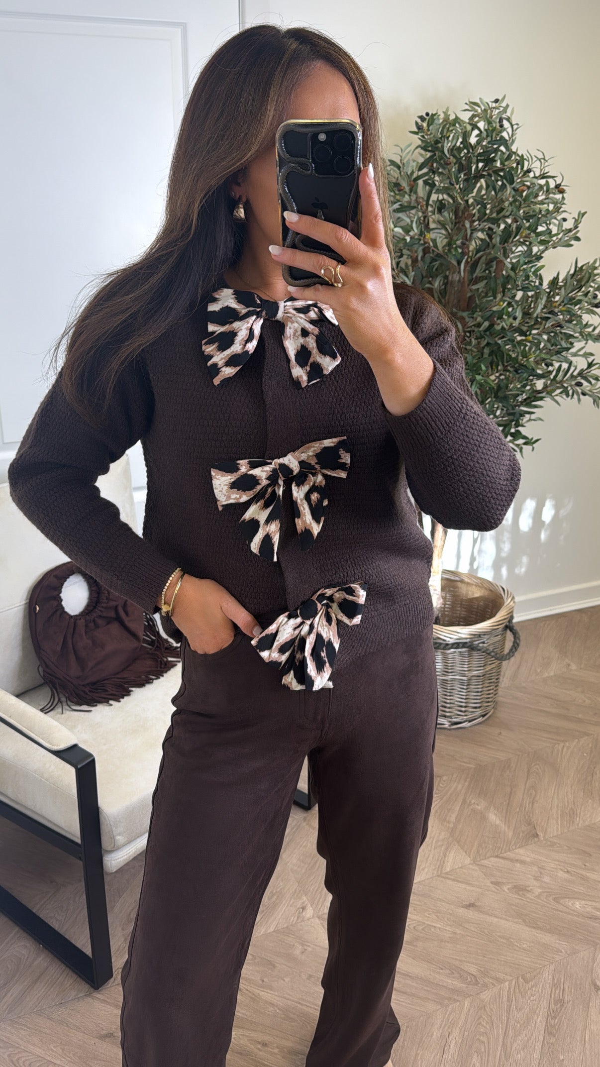 ARIA brown textured cardigan with leopard bow detail