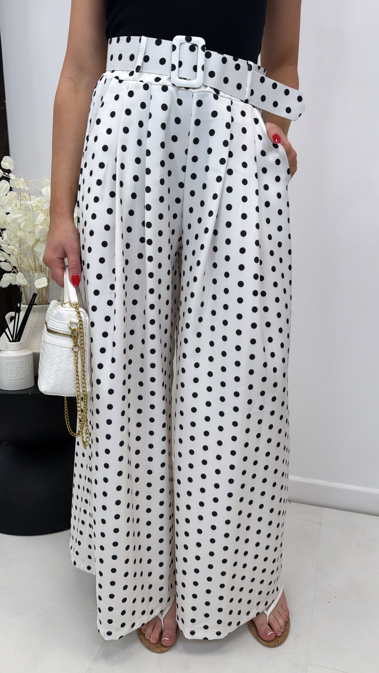 DEMI white polka dot wide leg trousers