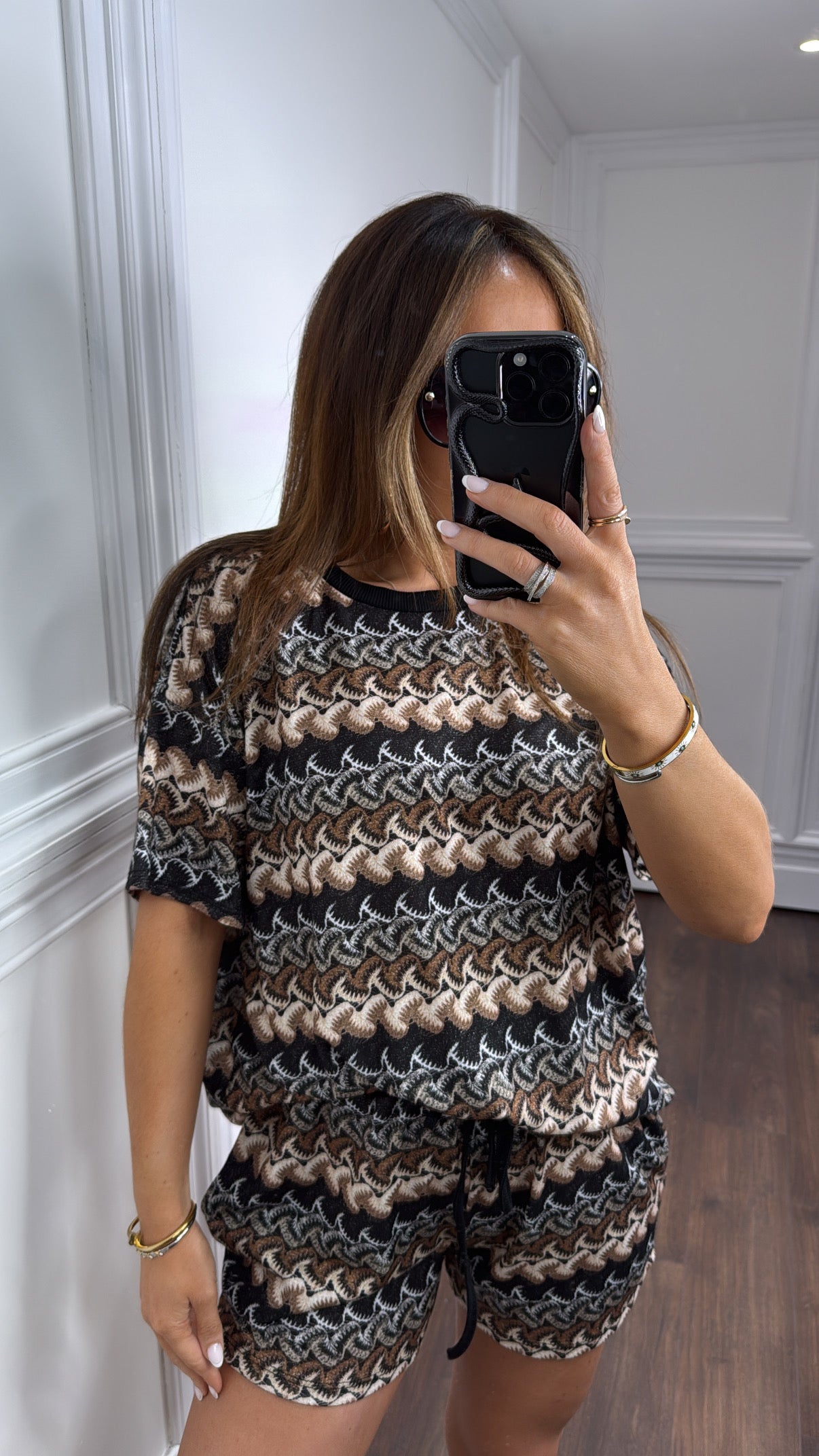 OLIVIA black multi print top and shorts co-ord