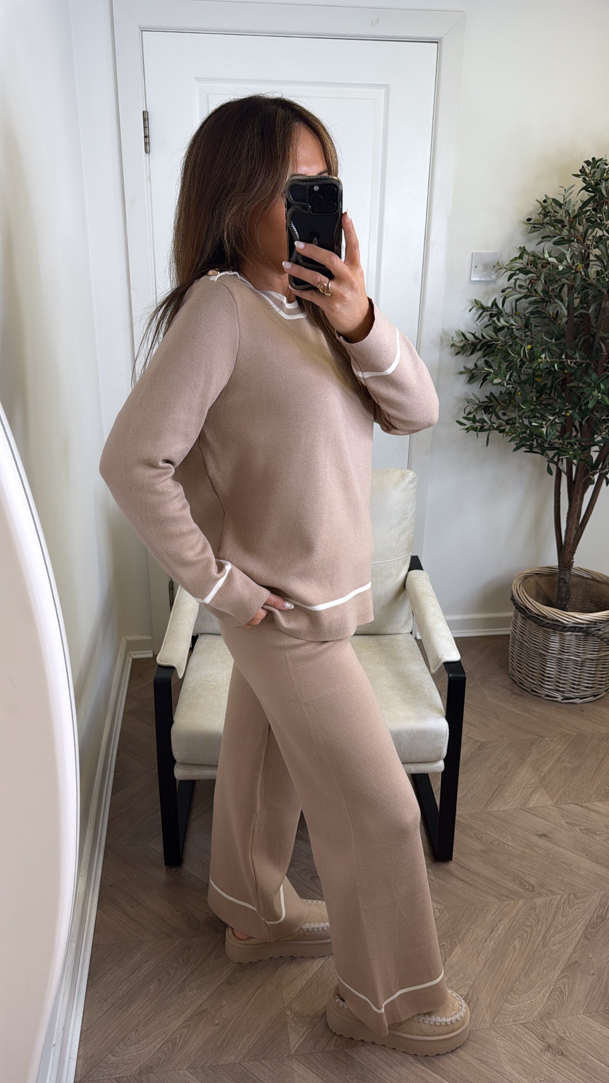 MAGGIE beige stripe fine knit top and trousers lounge set