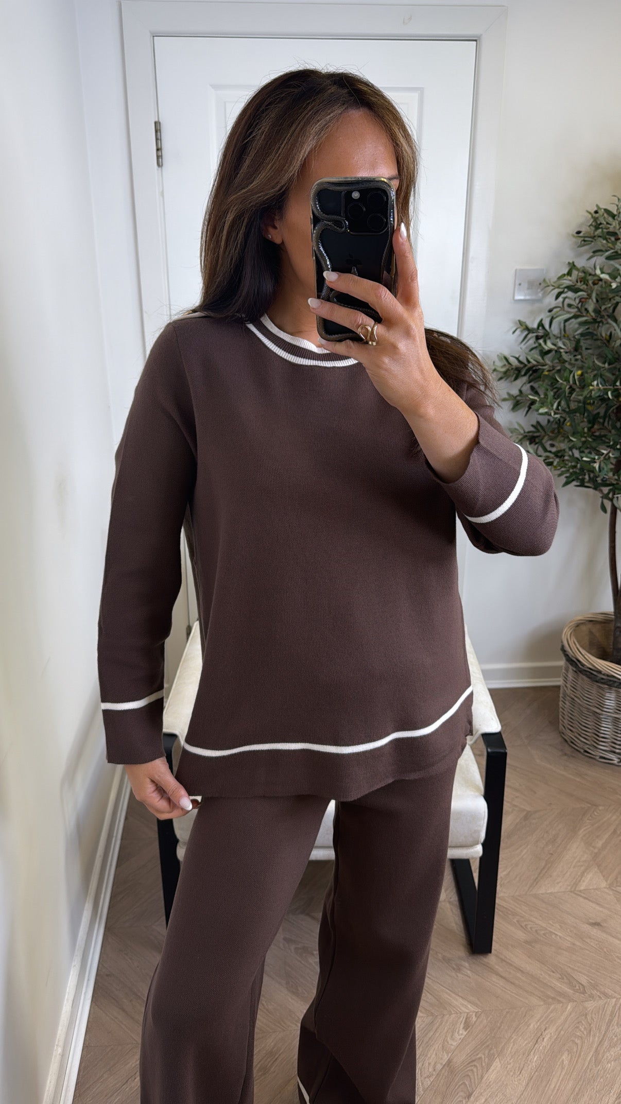 MAGGIE brown stripe fine knit top and trousers lounge set