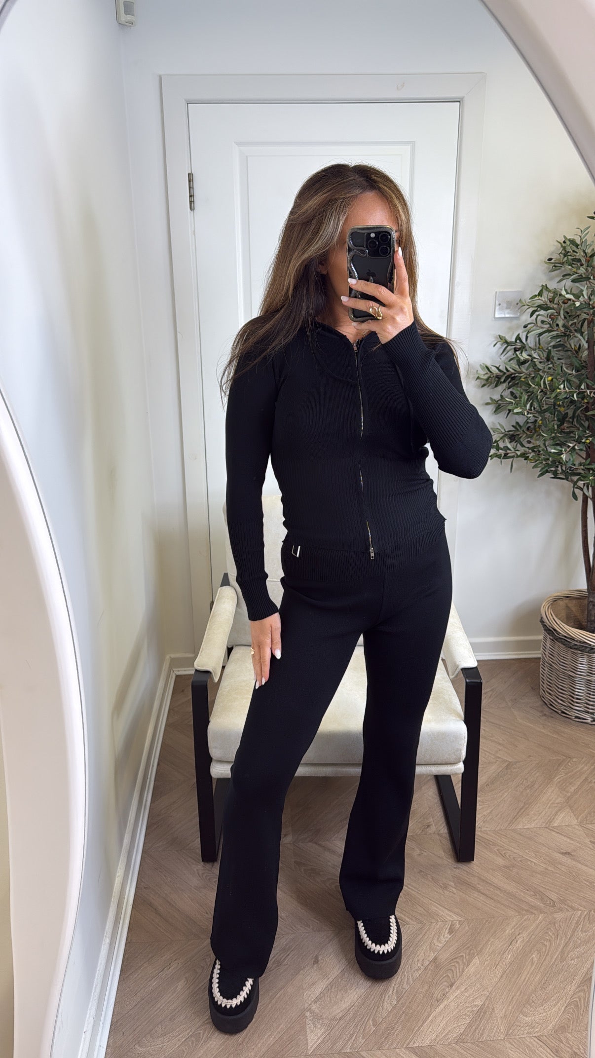 PALOMA black fine knit hooded zip up jacket with fold over wide leg trouser's