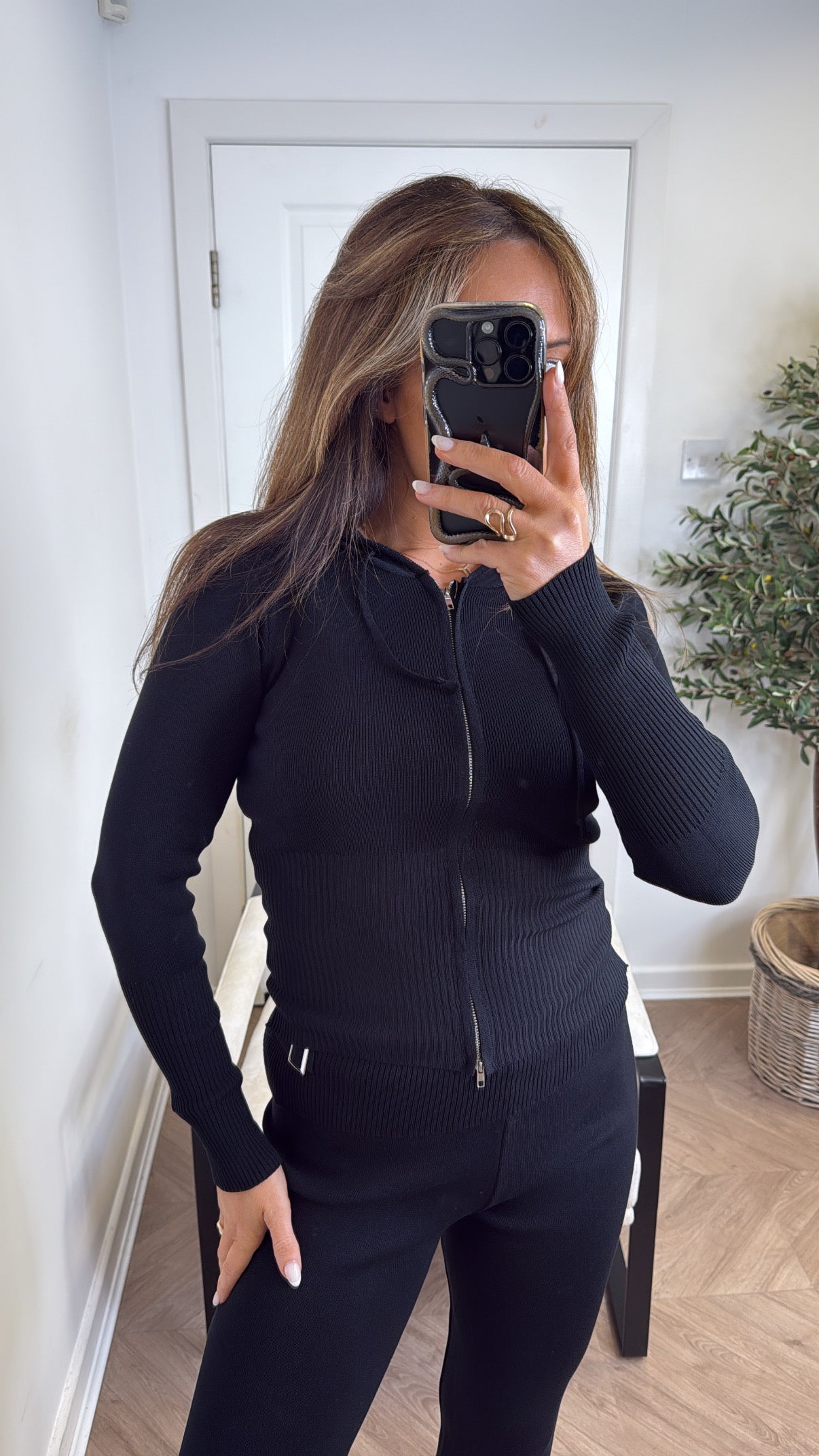 PALOMA black fine knit hooded zip up jacket with fold over wide leg trouser's