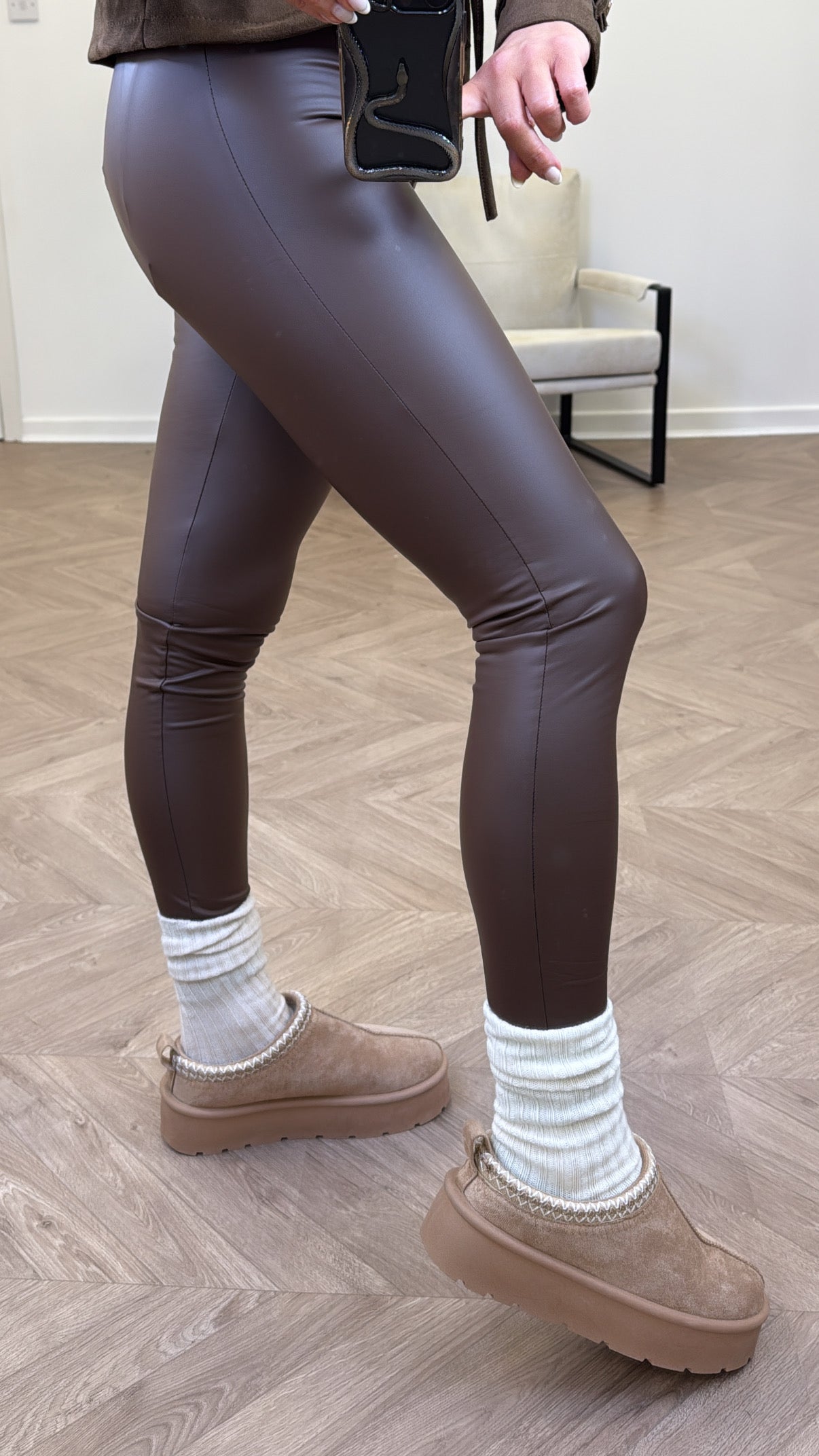 SHONA brown faux leather leggings