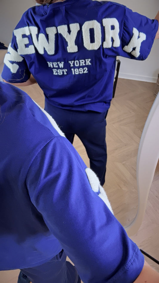 NEW YORK navy and cream borg detail tshirt