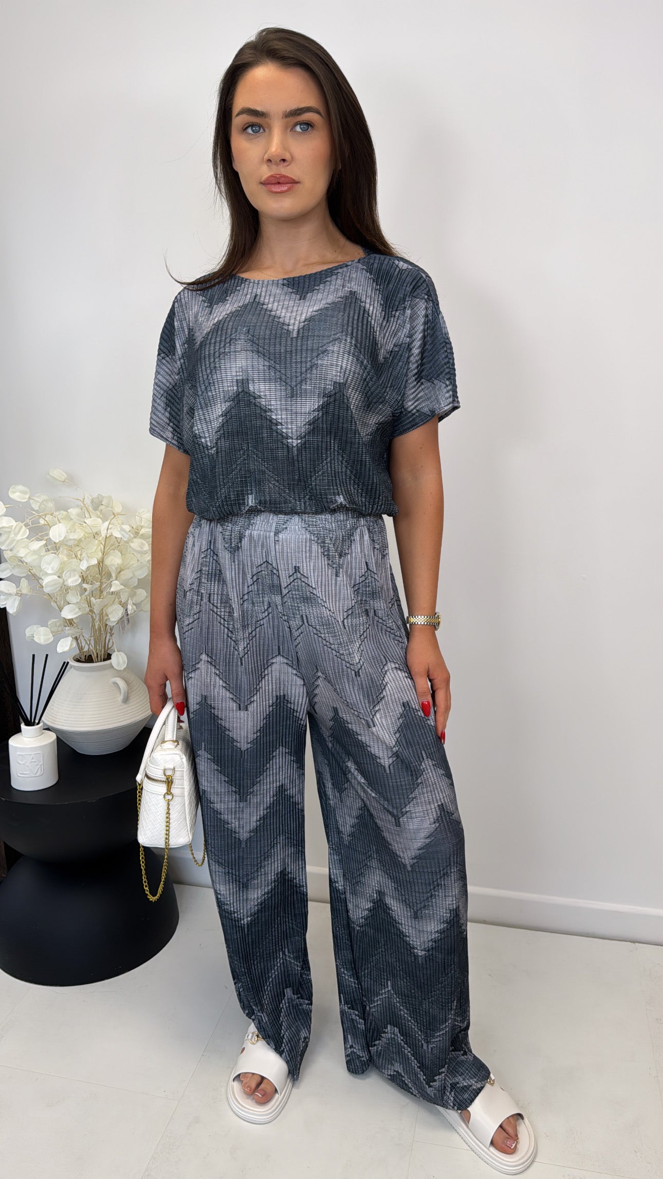 AURORA black chevron printed pleated trouser co-ord