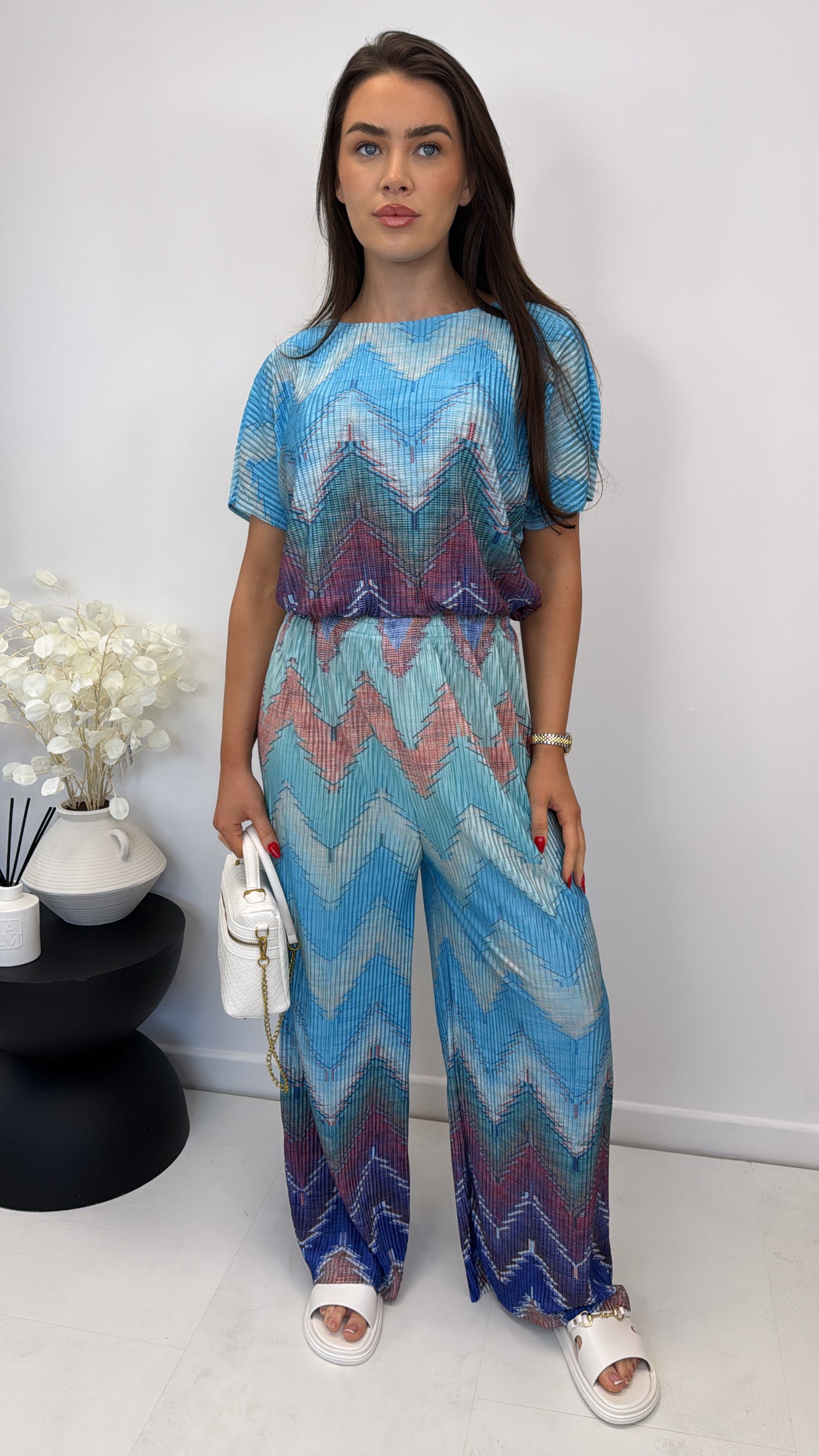 AURORA blue chevron printed pleated trouser co-ord
