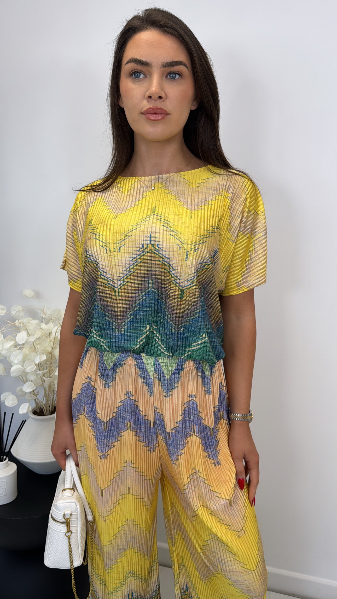 AURORA yellow chevron printed pleated trouser co-ord