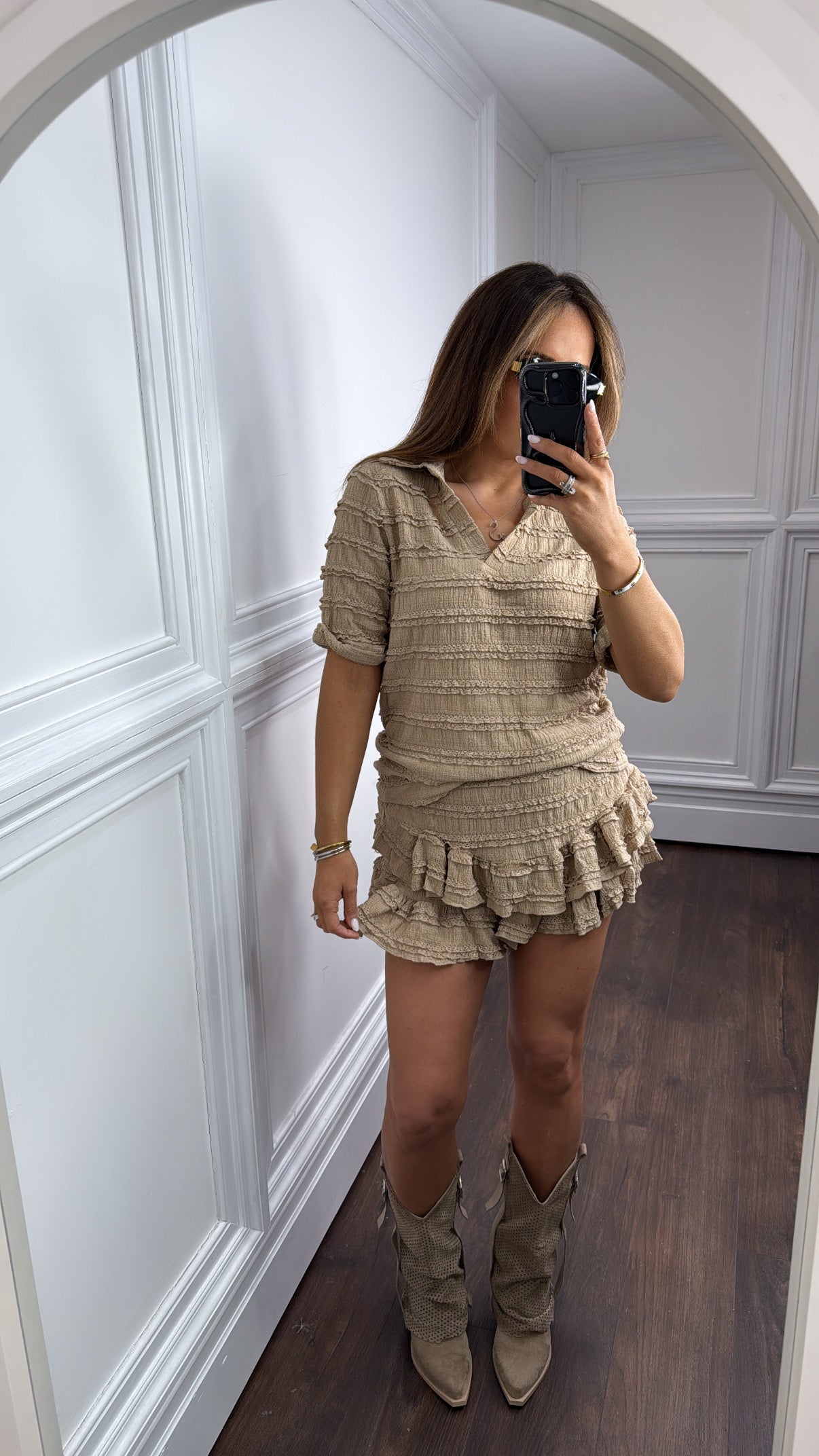 LEXIE mocha textured ruffle skort co-ord