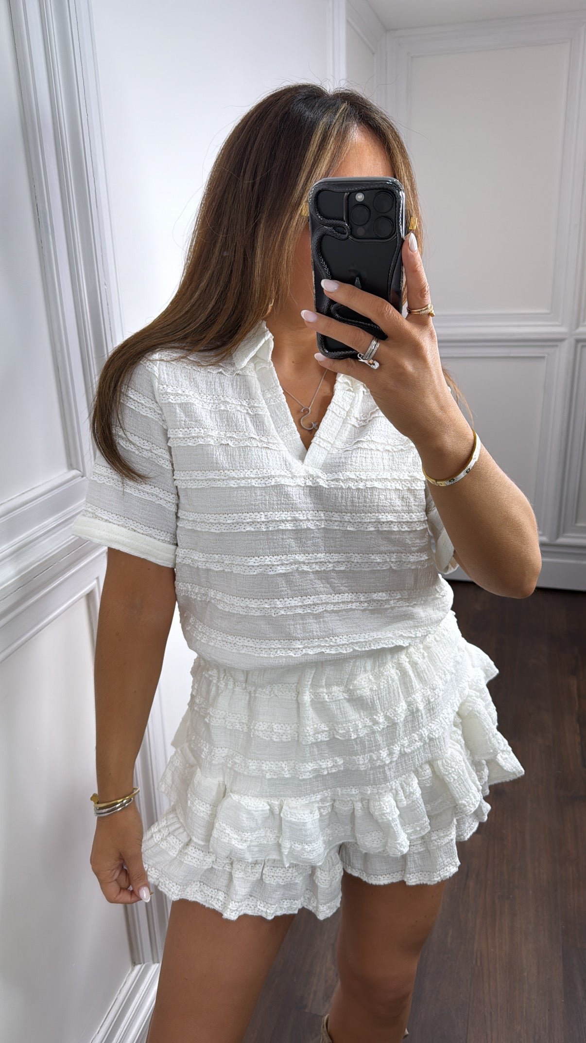 LEXIE white textured ruffle skort co-ord
