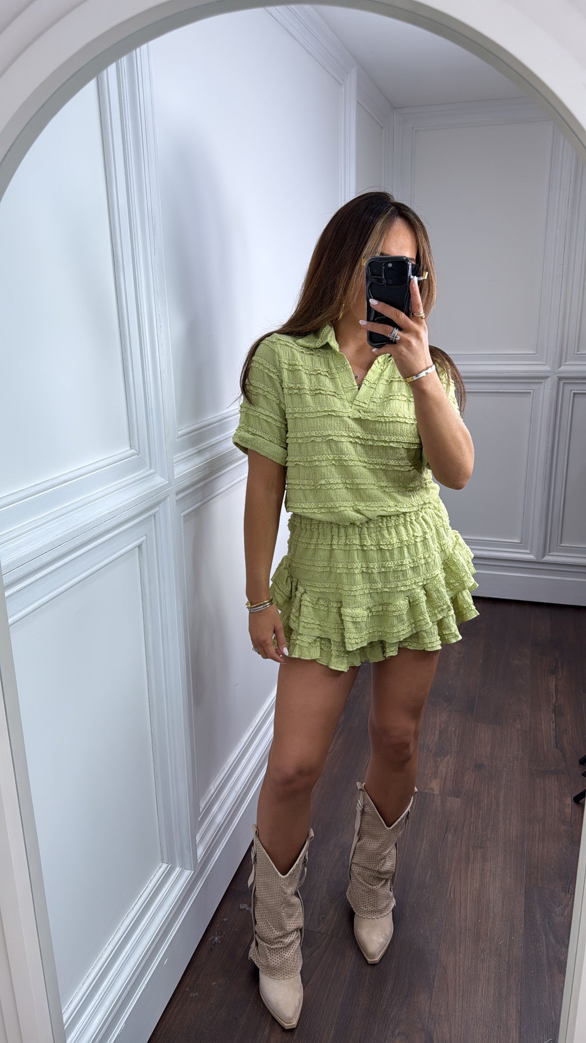 LEXIE sage green textured ruffle skort co-ord