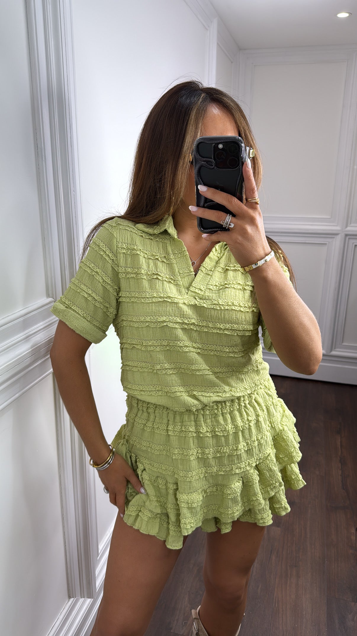 LEXIE sage green textured ruffle skort co-ord