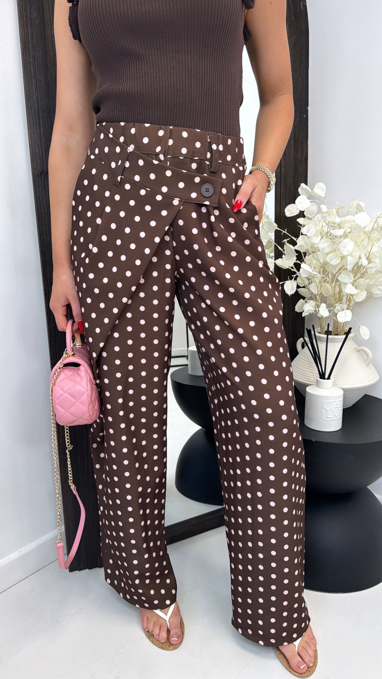 MALLORIE brown and pink polka dot trousers