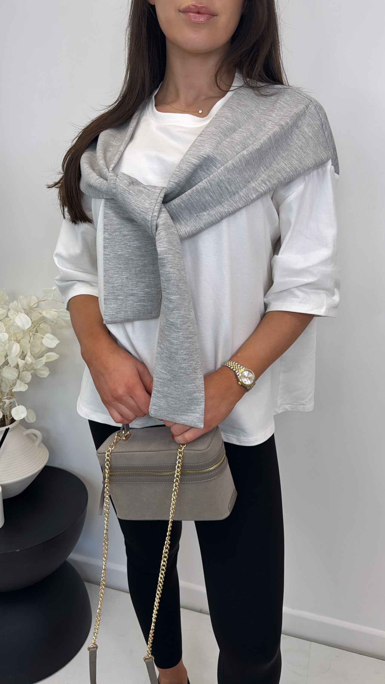 OPAL grey and white t-shirt with tie detail