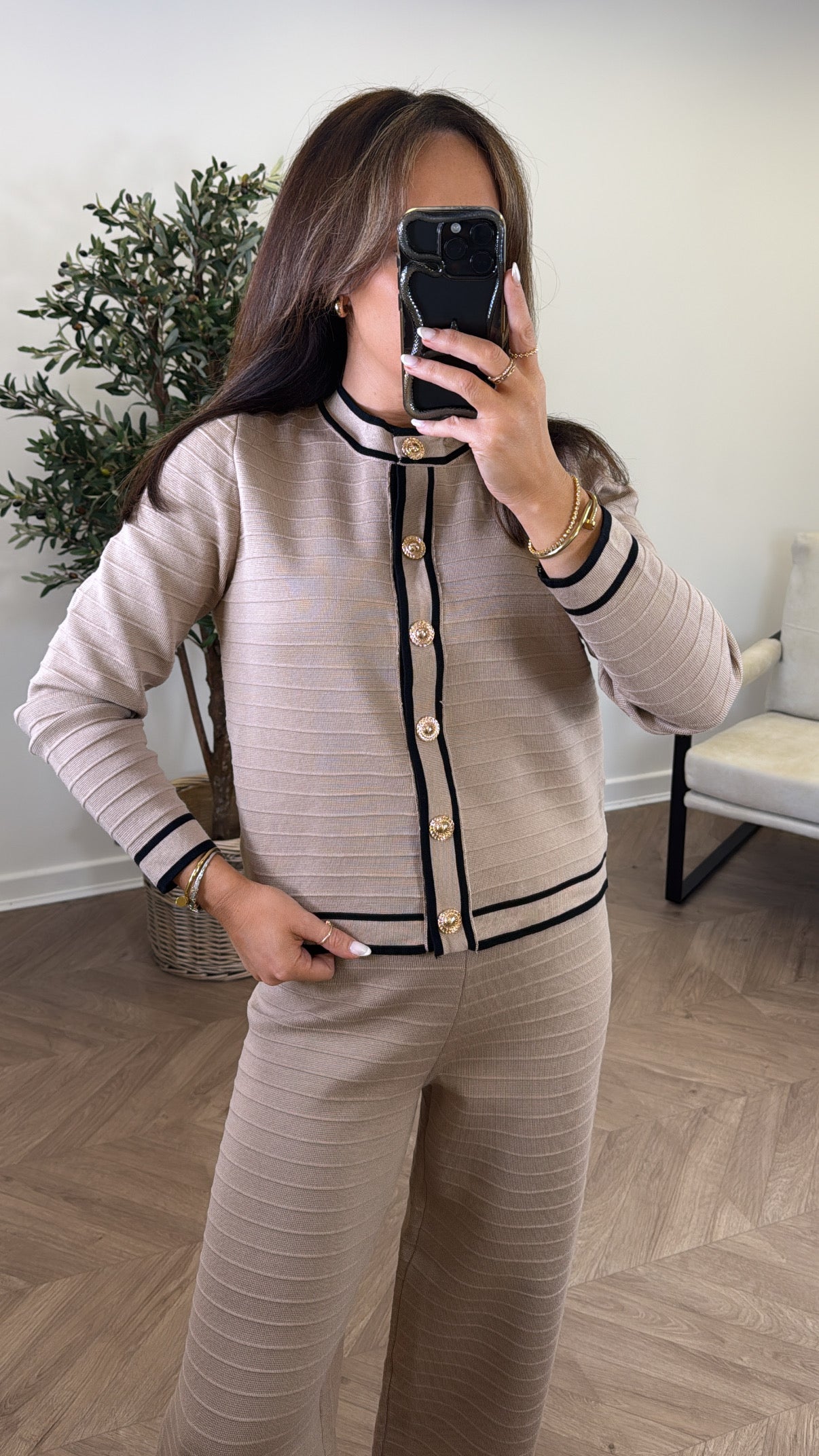 ALANA taupe and black fine knit top and trousers set
