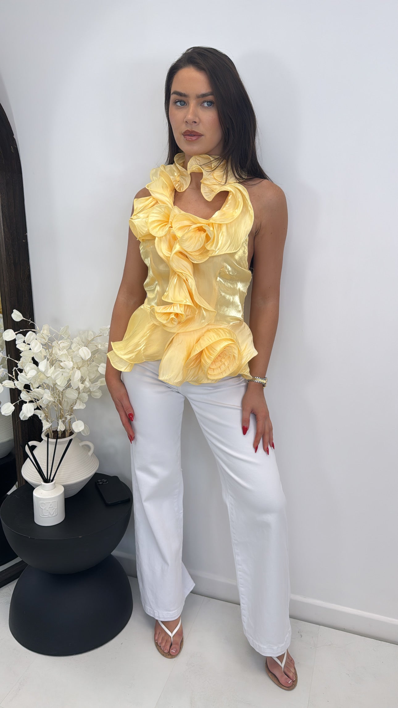 ARIELLA yellow ruffle halter neck top