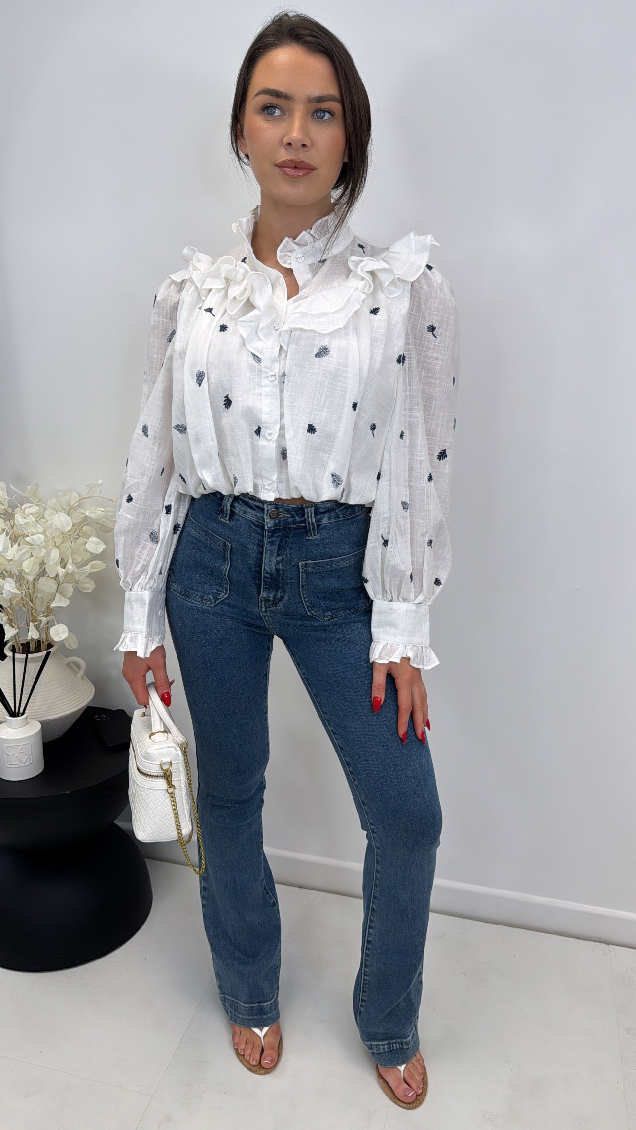 ERICA navy and white cropped embroidered shirt