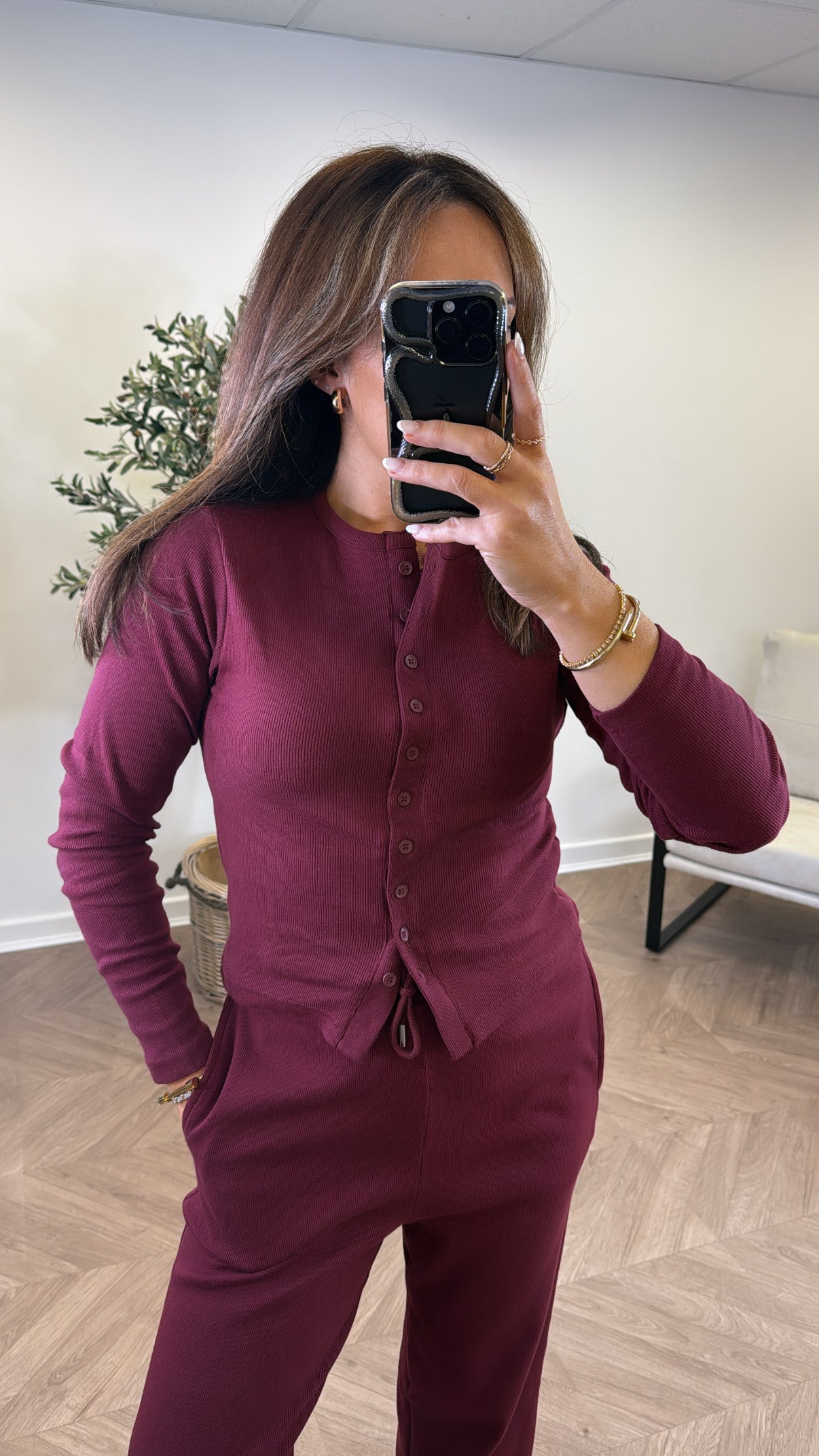 LORNA burgundy ribbed cardigan lounge set