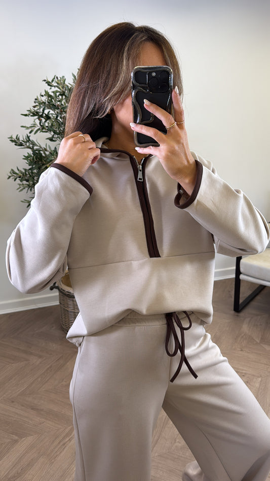 LIBERTY beige half zip hoody and trousers lounge set
