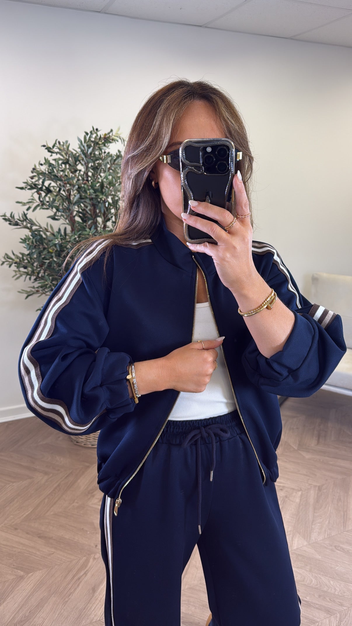 KYLIE navy side stripe jacket and joggers tracksuit