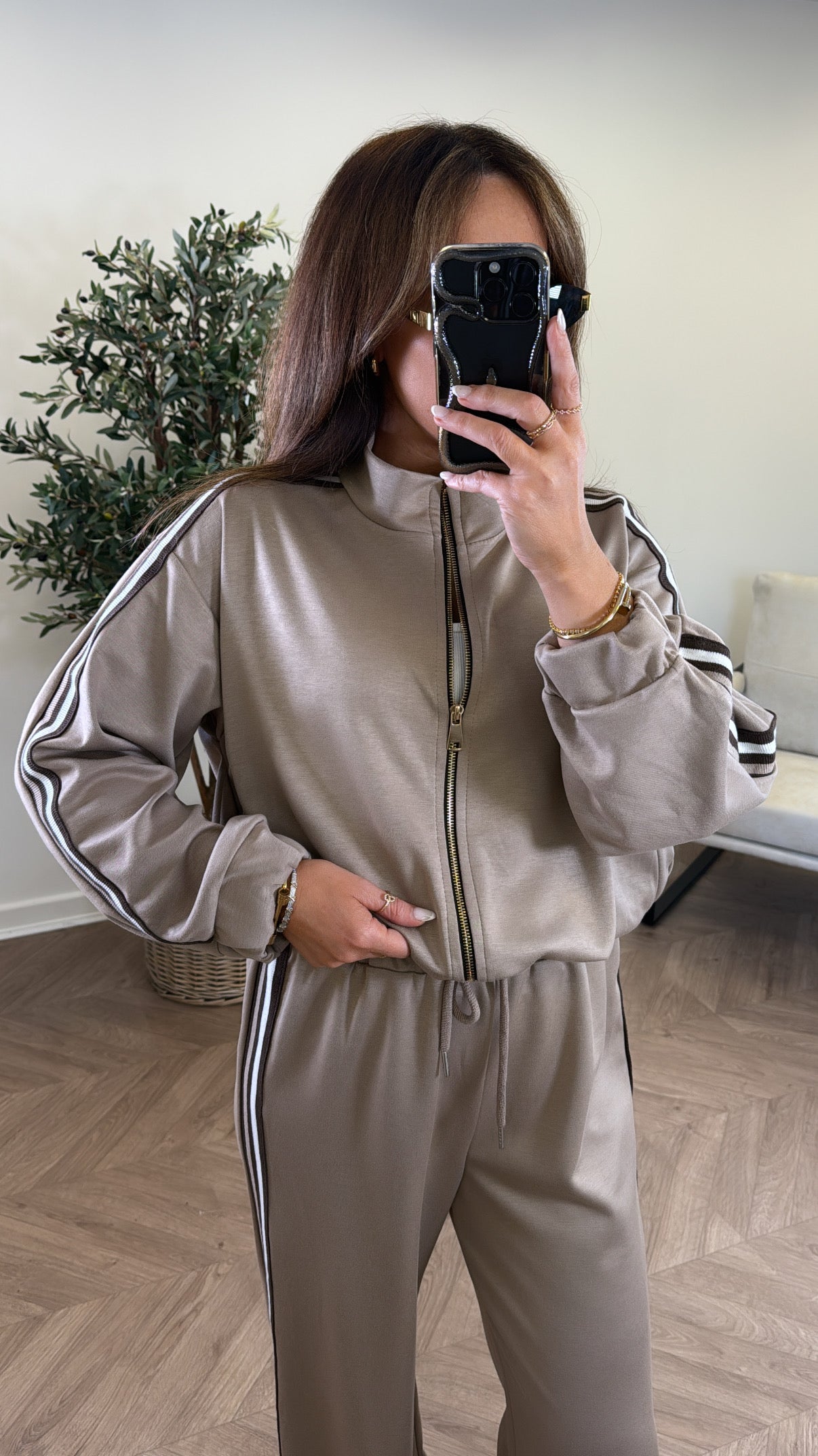 KYLIE mocha side stripe jacket and joggers tracksuit