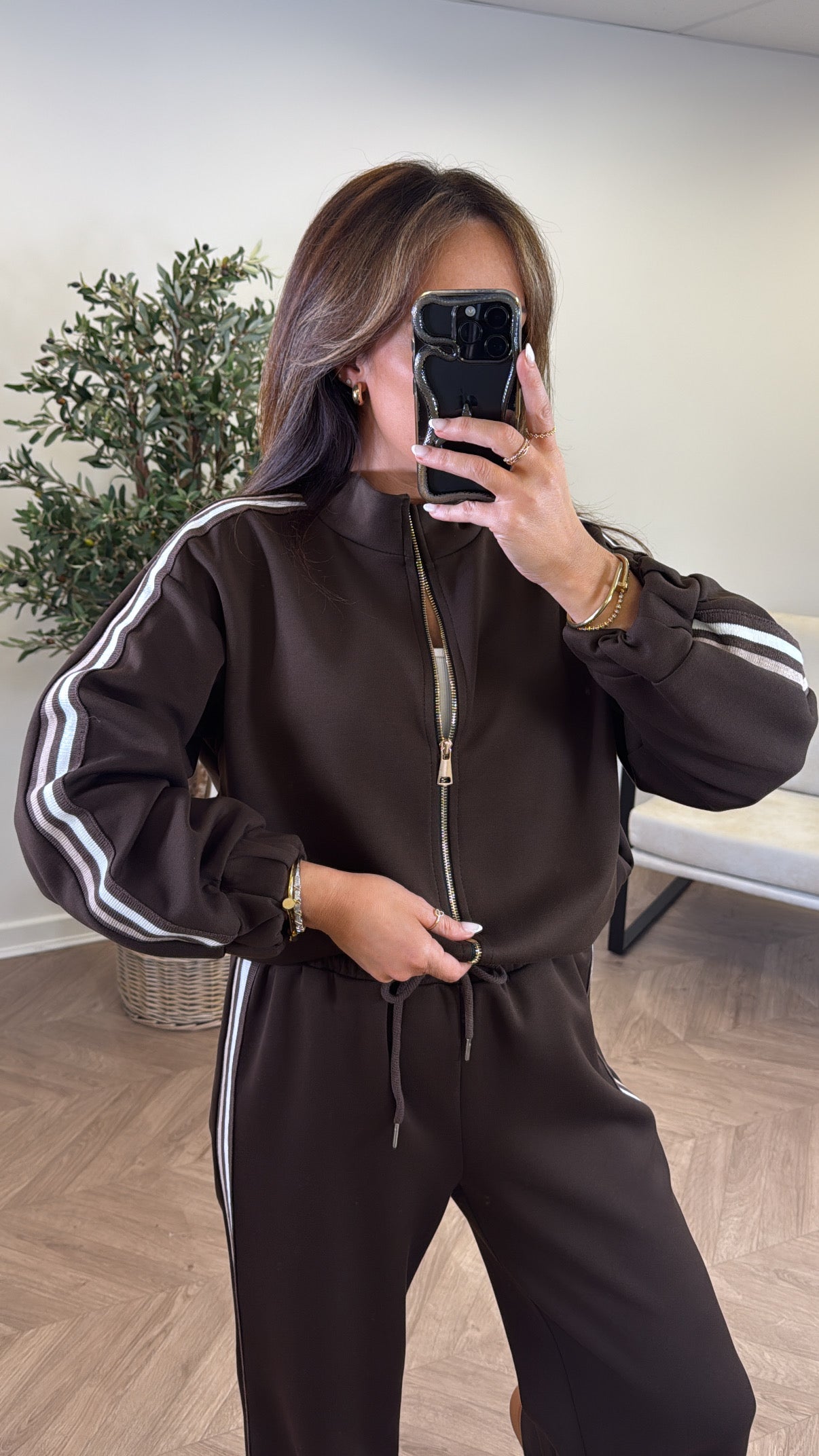 KYLIE brown side stripe jacket and joggers tracksuit