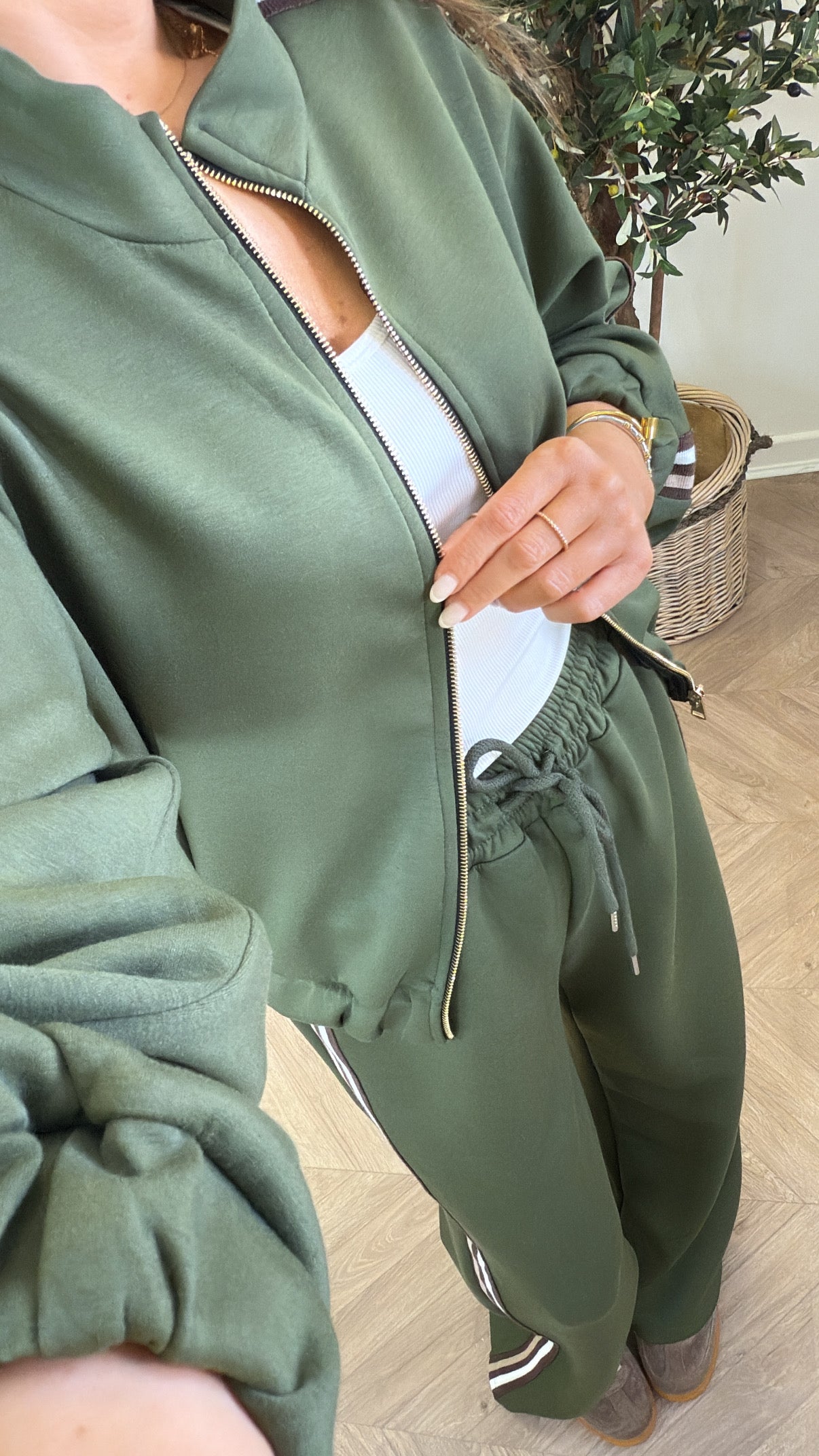 KYLIE khaki side stripe jacket and joggers tracksuit