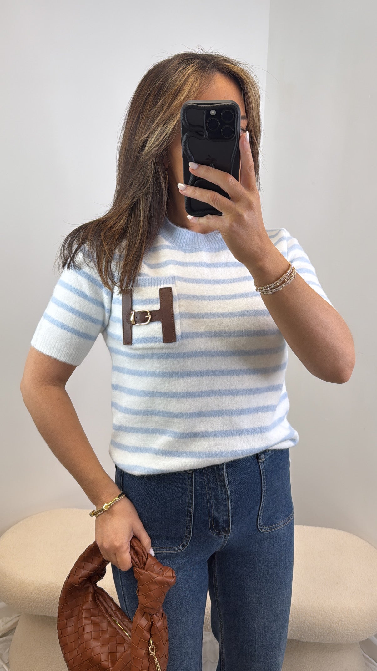 HARMONY blue and white soft knit top