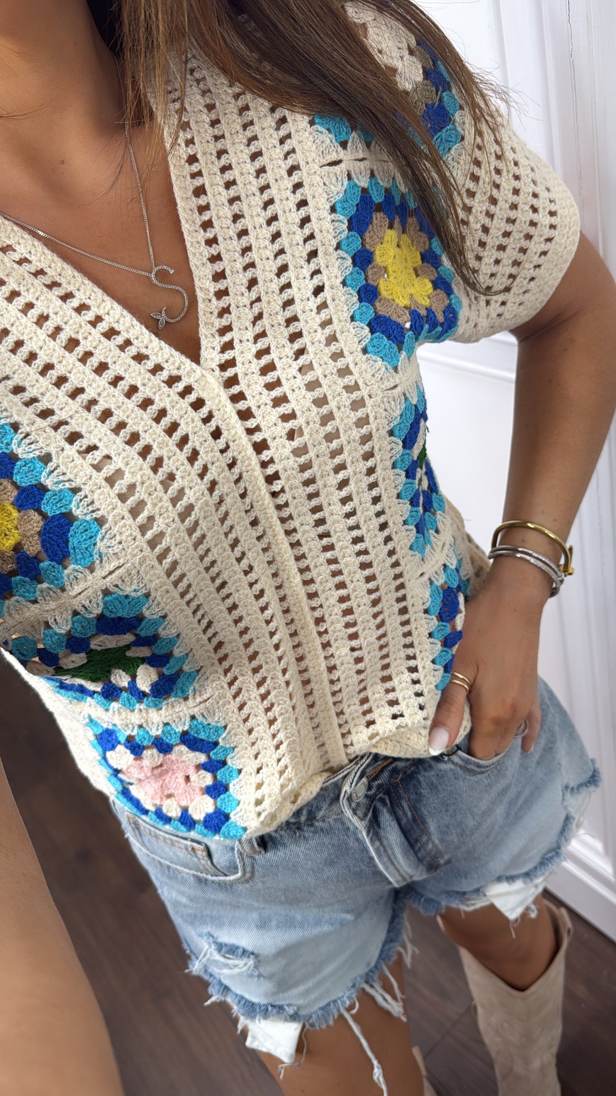 CONNIE cream and blue crochet top