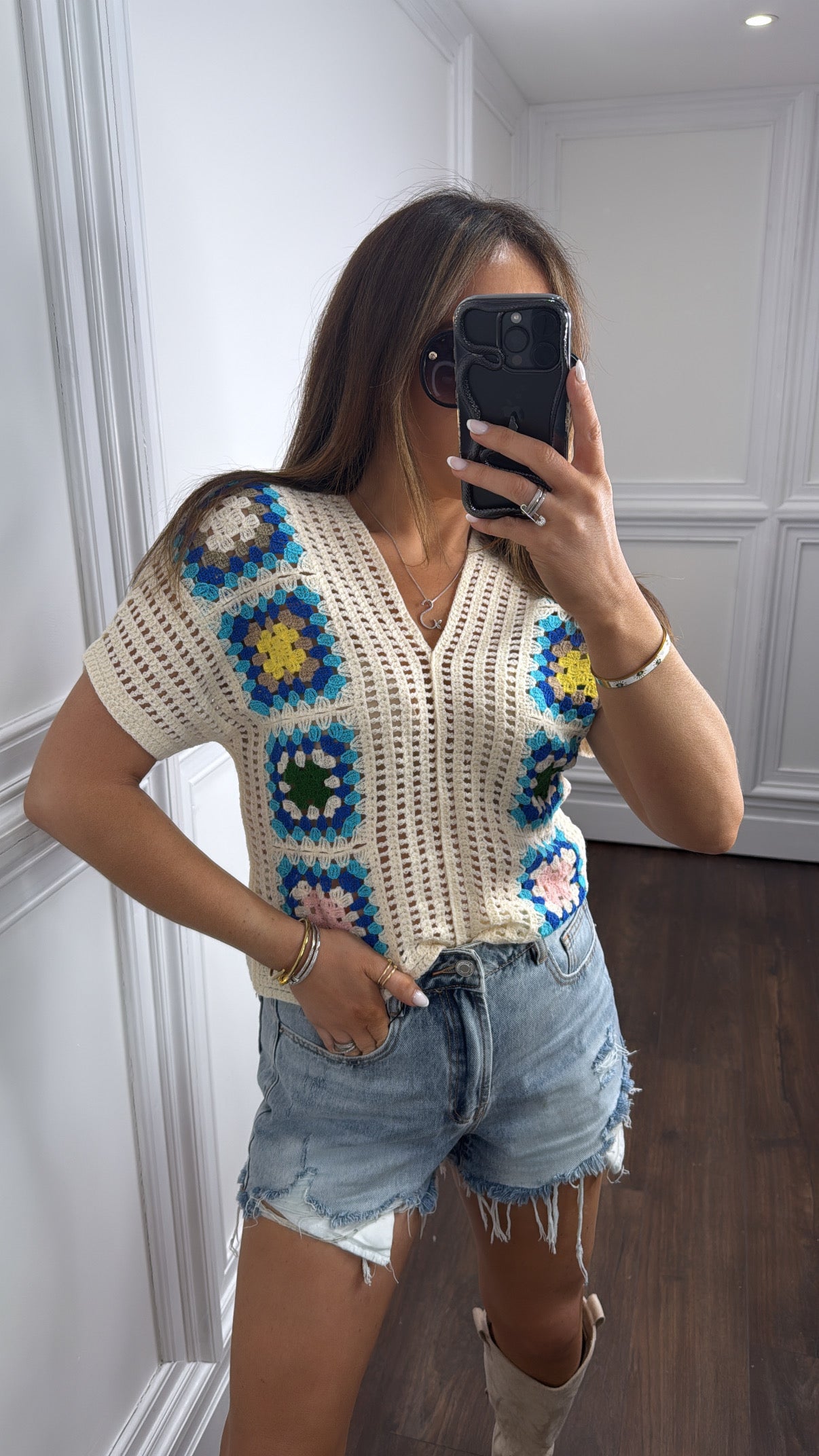 CONNIE cream and blue crochet top