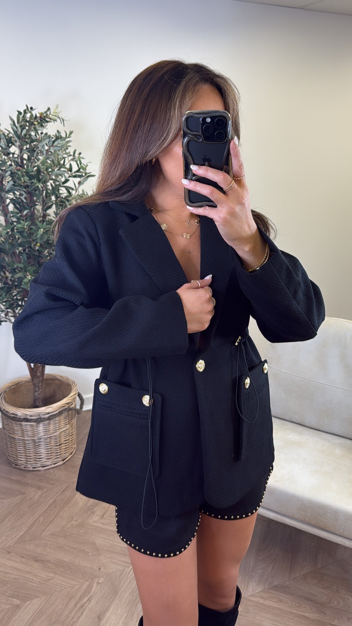 BETHANY black woollen gold button blazer
