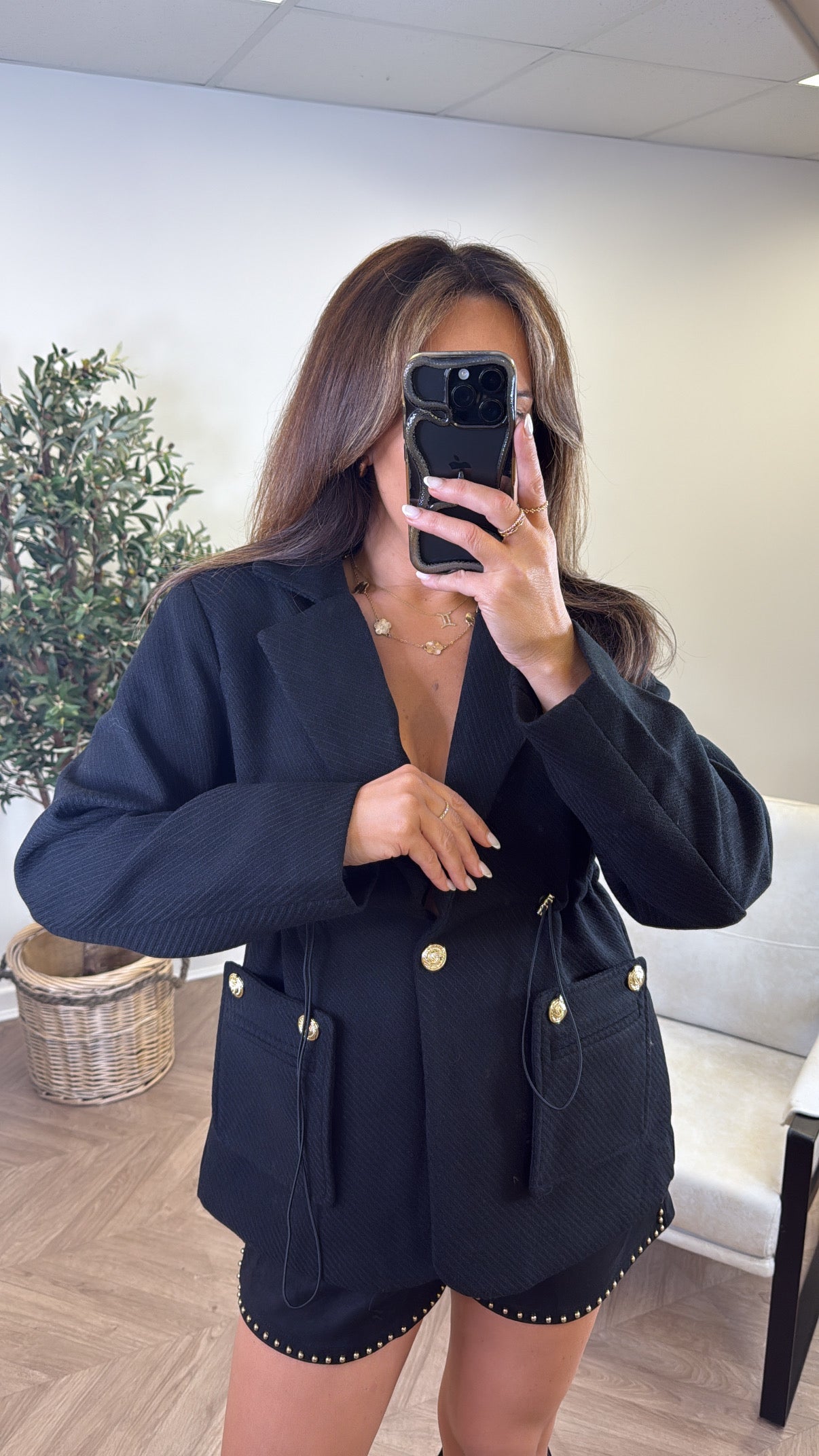 BETHANY black woollen gold button blazer