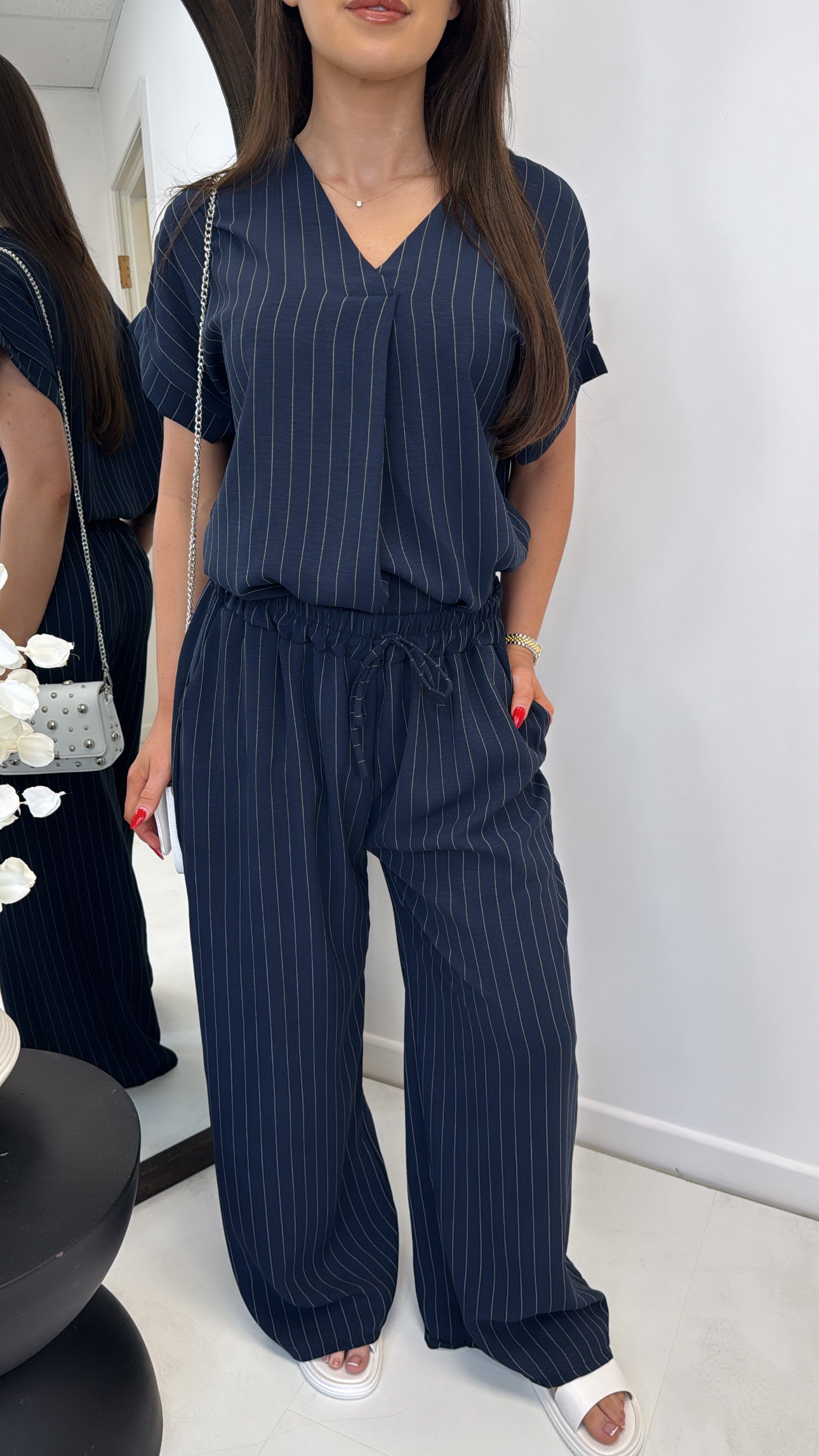 AMAYA navy pinstripe v-neck trouser co-ord