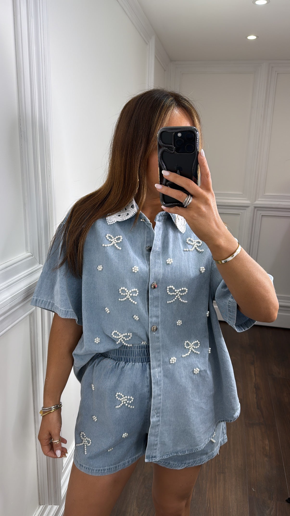 MONICA blue denim pearl bow top and shorts co-ord