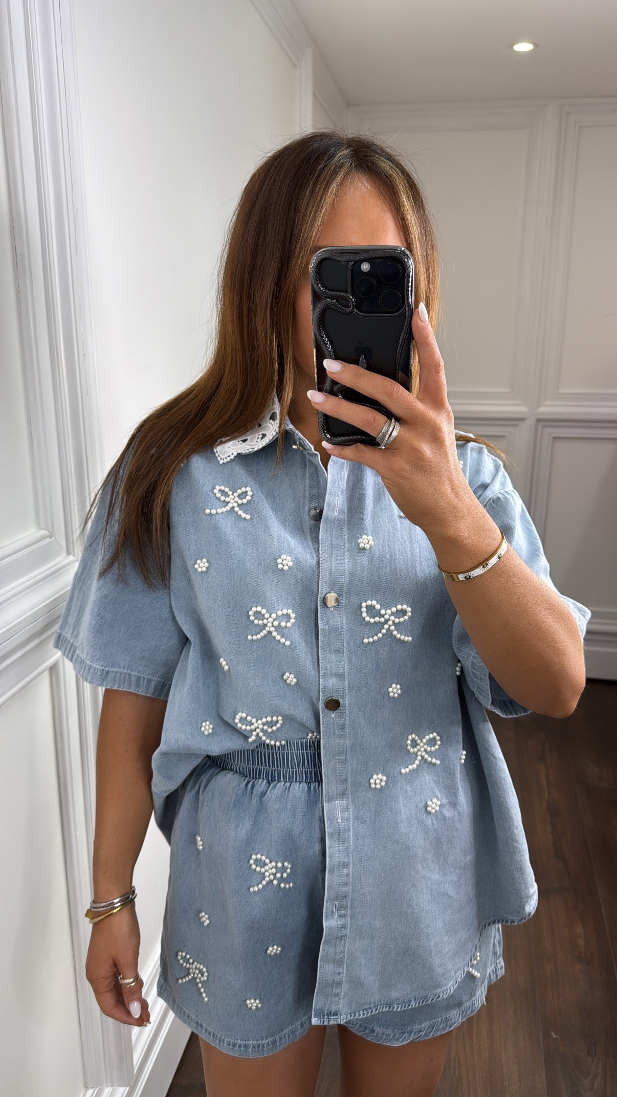 MONICA blue denim pearl bow top and shorts co-ord