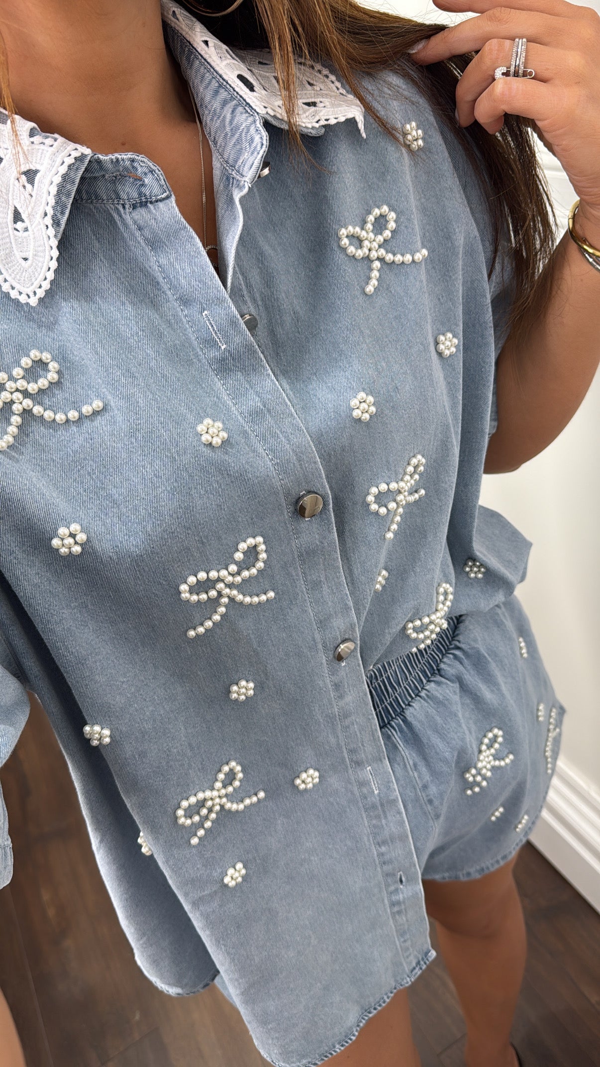 MONICA blue denim pearl bow top and shorts co-ord